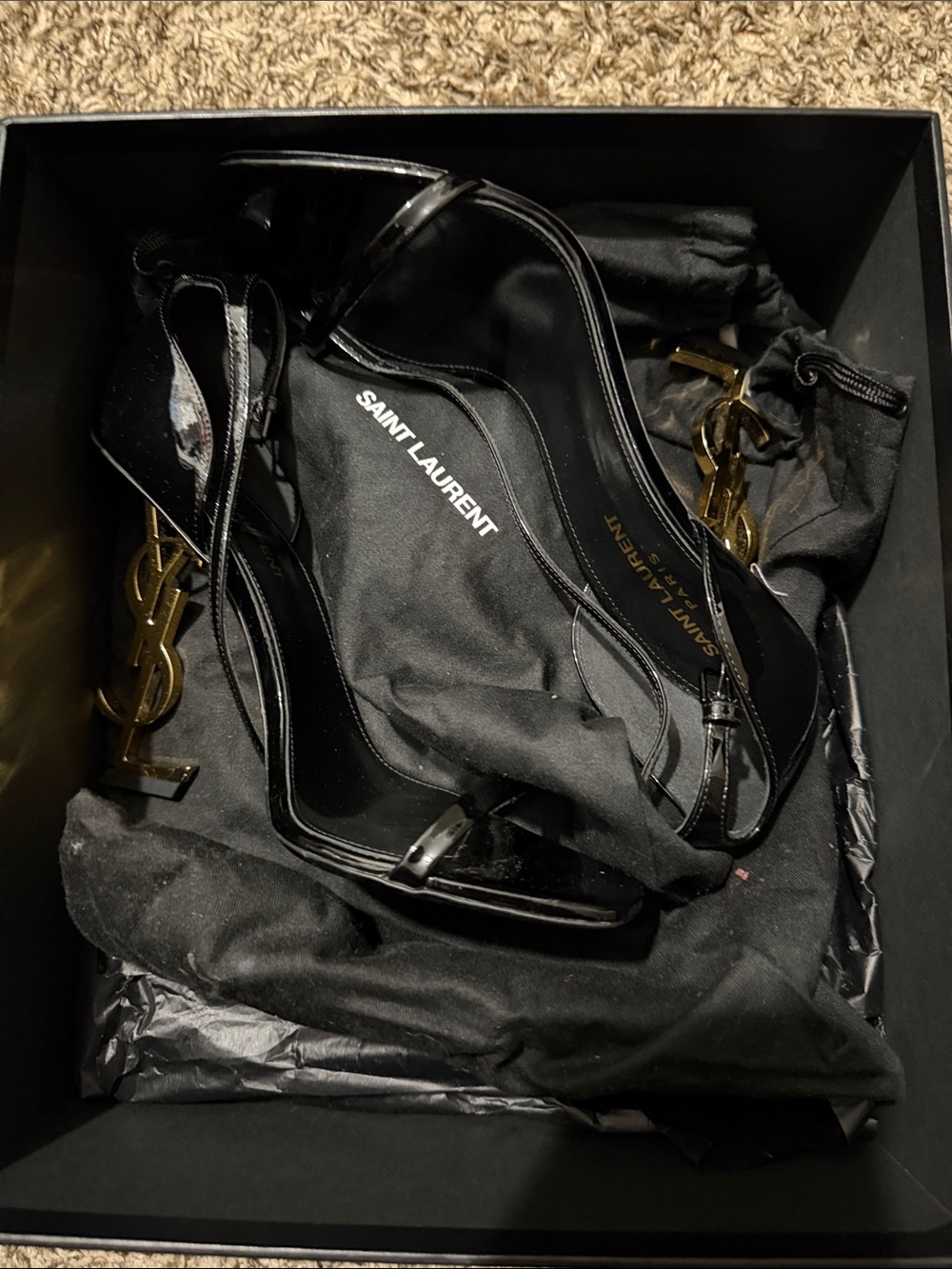Saint Laurent Black Patent Leather Heels with Gold YSL Logo Heel - Picture 1 of 3